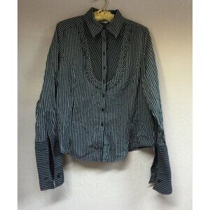 Firuze Womens Large Striped Button Up Wide Cuffs Pintuck Shirt Top Blouse Black